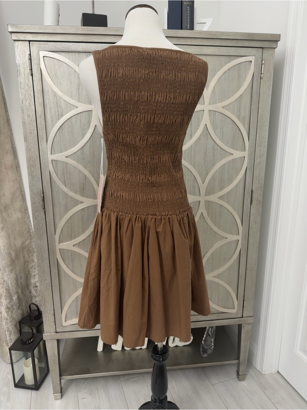 Smocked Bodice Sleeveless Midi Dress in Brown - Picture 4 of 5